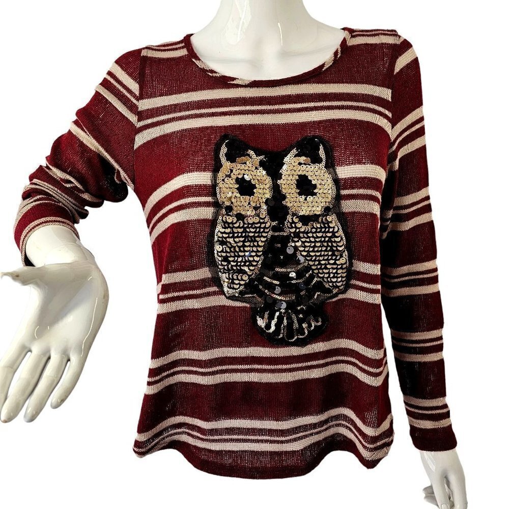 Candy Cane Stripe Top Long Sleeve Sequined Owl Lightweight Loose Knit Womens M